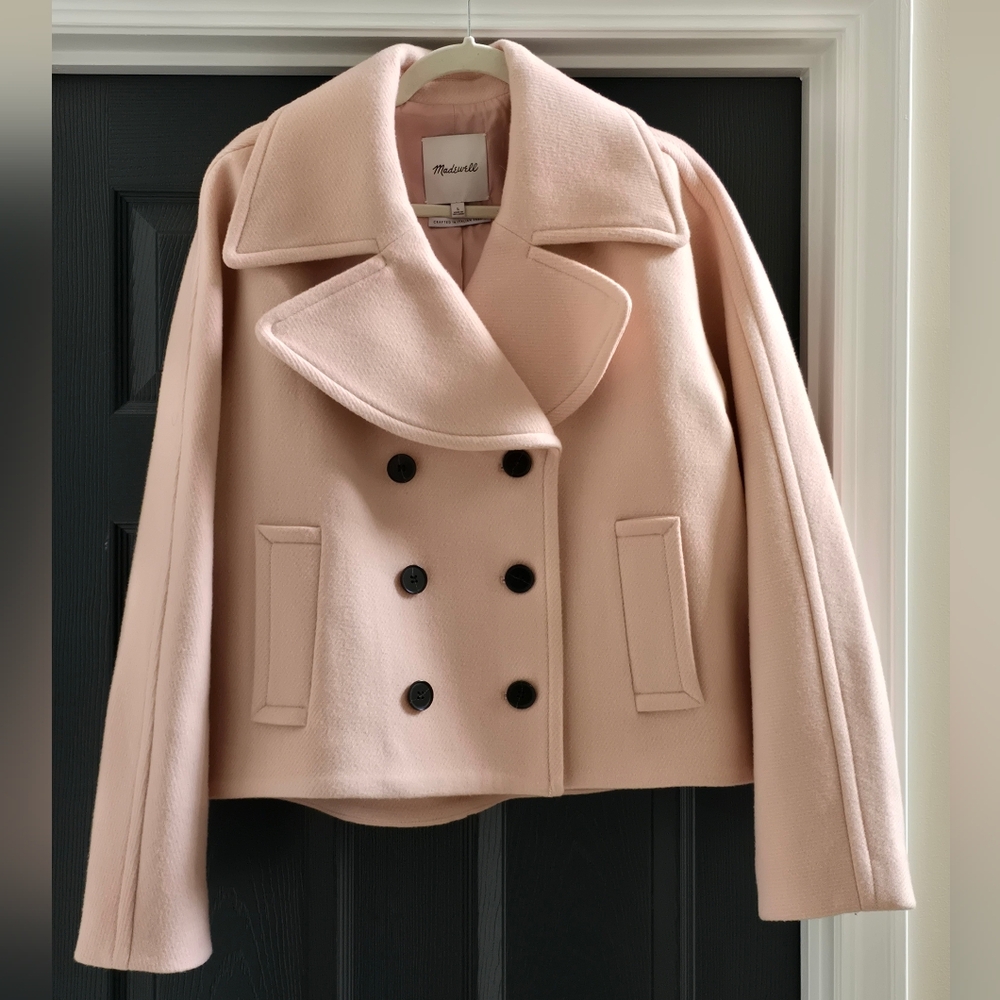 Madewell Wool Blend Oversized Collar Dbl-Breasted Short Peacoat Pale Blush Pink
